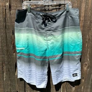 O’Neill Lennox Blue White Gray Striped Board Shorts Swim Trunks with Drawstring